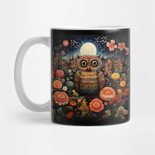 Surrealistic Folk Art Dark Floral Motif Owl Design Mug